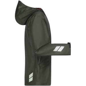 A green rain jacket with a hood and reflective accents, featuring a logo on the sleeve.