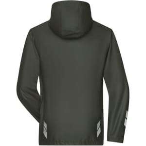 A dark green rain jacket with a hood and reflective detailing on the sleeves. The jacket has a simple design with no visible branding.