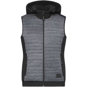 A grey and black padded hybrid vest with a hood, featuring side pockets and a zip closure.