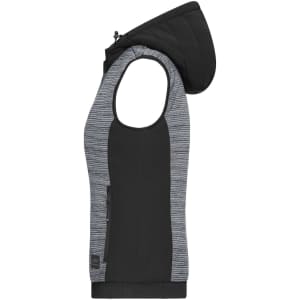 A padded hybrid vest in black and grey with a hood, featuring a zip and side pockets, and a logo.