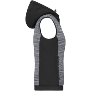 A black and grey ladies padded hybrid vest with a hood, featuring a zippered pocket and sleeveless design.
