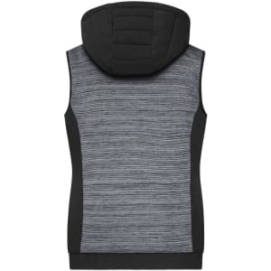 A ladies' padded hybrid vest featuring a grey striped design with a black hood and side panels. It includes branding.