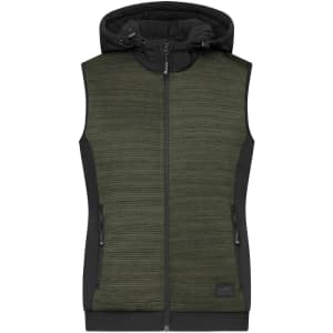 A ladies' padded hybrid vest in dark green with a hood and zippered pockets. It features a logo on the front.