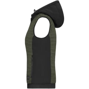 A padded hybrid vest in black with a green striped design and a hood. It features a zipper and a logo.
