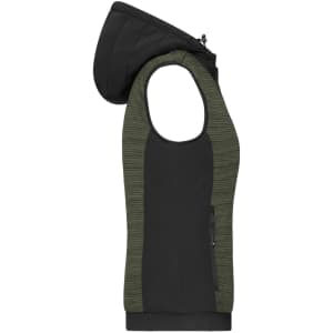 A ladies padded hybrid vest in black and green, featuring a hood and a zip pocket. Includes a logo.