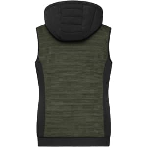 A ladies' padded hybrid vest in dark green with a hood, featuring a textured design and side panels.