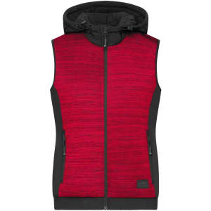 A padded hybrid vest featuring a bright red front and black sides, with a hood and zippered pockets.