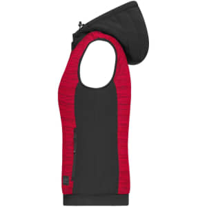 A ladies' padded hybrid vest in black and red, featuring a hood and zip-up design, with a logo on the front.