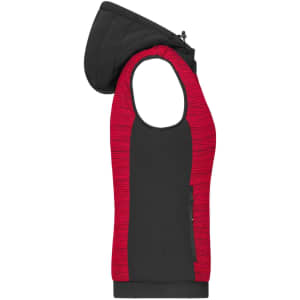 A red and black ladies padded hybrid vest with a hood, featuring a zipper and a side pocket.