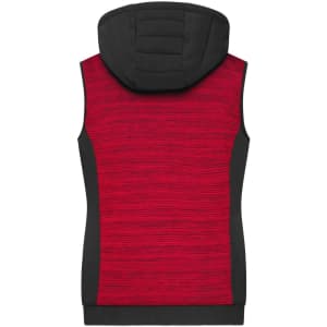 A ladies' padded hybrid vest featuring a red and black design, with a hood and no sleeves, and a logo.