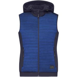 A padded hybrid vest featuring a blue textured design, zip front, and a hood. It has pockets and a logo.