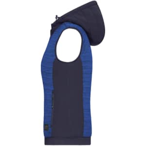 A hybrid vest featuring a navy and blue striped design, with a hood and a side zipper pocket. Brand logo present.