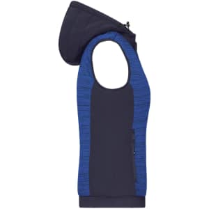 A ladies padded hybrid vest in navy blue with a textured blue hood and side zipper pocket, featuring a logo.