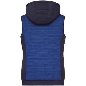A blue hybrid vest with a padded hood and textured fabric, featuring a fitted design and no sleeves.