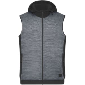 A men's padded hybrid vest in grey, featuring a hood and zip closure, with a logo on the front.