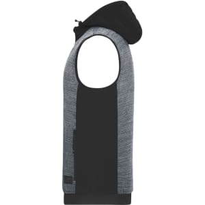 A men's padded hybrid vest in grey and black, featuring a hood and a side pocket, with a logo present.