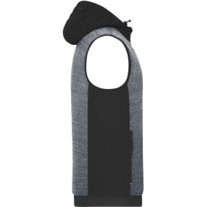 A padded hybrid vest featuring a black and grey design, with a hood and side pocket, also including a logo.