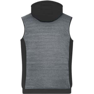 A men's padded hybrid vest in grey and black, featuring a hood and a textured design. It has a logo present.