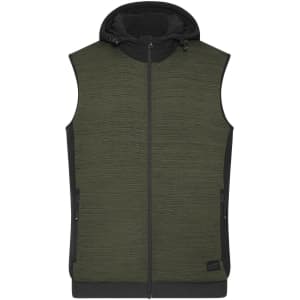 A padded hybrid vest in dark green and black, featuring a hood and zippered pockets, with a logo on the side.