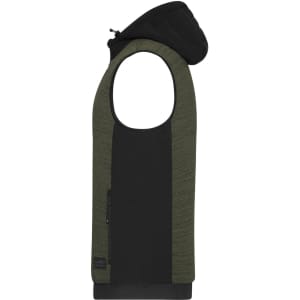 A padded hybrid vest in black and olive green with a hood, featuring a side zip pocket and branding.