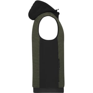 A men's padded hybrid vest in olive green and black, featuring a hood and a zippered pocket. Includes branding.