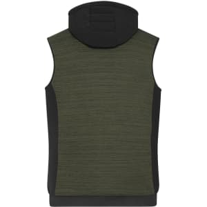 A men's padded hybrid vest in olive green and black, featuring a hood and a textured back design.
