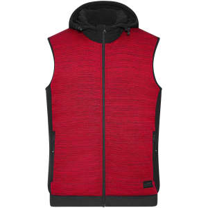 A red padded hybrid vest with a black hood and side pockets, featuring a logo on the front.