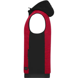 A padded hybrid vest in red and black, featuring a sleeveless design and a hood, with a zippered pocket.