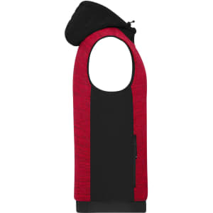 A red and black men's padded hybrid vest with a hood, featuring a side zipper pocket and a logo.