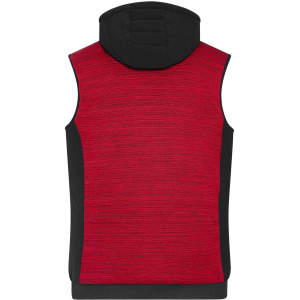 A padded hybrid vest in red and black, featuring a hood and a textured back design. It has a logo on the front.