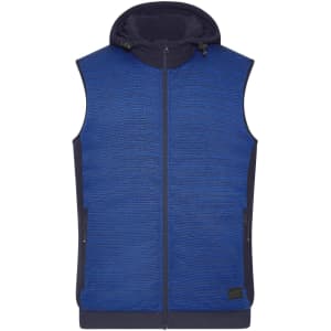 A blue padded hybrid vest with a hood, featuring a zip front and side pockets. It has a logo on the front.