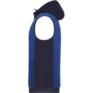 A padded hybrid vest featuring a navy blue and patterned design, with a hood and a zippered pocket.