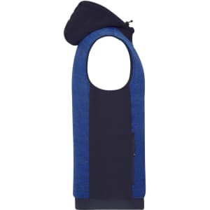 A padded hybrid vest in navy blue with a hood and textured blue accents, featuring a side pocket and branding.