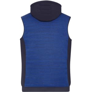 A blue men's padded hybrid vest with a hood and contrasting dark side panels, featuring a logo.