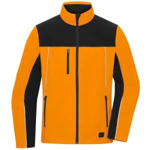 An orange and black work jacket with a zippered front and pockets, featuring a logo.