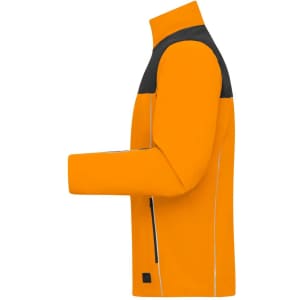 An orange workwear jacket featuring a black panel design and a branded label.