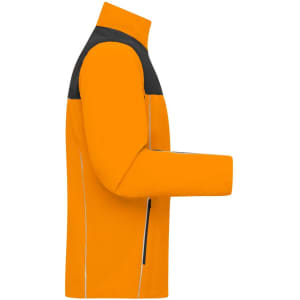 An orange workwear jacket with black accents, featuring a side view and a logo on the upper section.