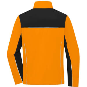 A workwear jacket featuring a black and orange design, with reflective details and a logo on the back.