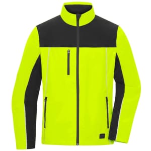 A high-visibility workwear jacket in bright yellow with black accents and reflective detailing, featuring zip pockets and a collar.