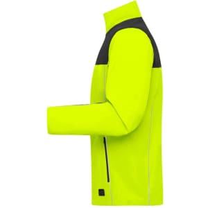 A high-visibility yellow work jacket with black accents, featuring a sleek design and modern fit.