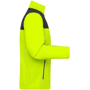 A bright yellow work jacket with a black upper section and a logo on the front.