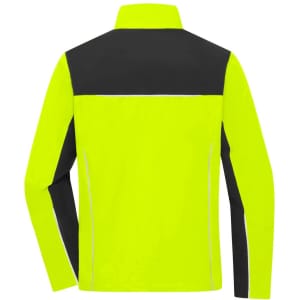 A bright yellow and black work jacket featuring reflective detailing and a logo.