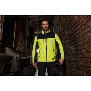 A bright yellow and black softshell jacket with a zip front and hood, featuring a logo.