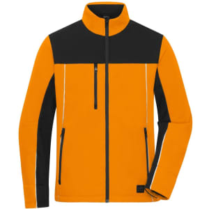 An orange and black softshell jacket with a zippered front and two side pockets, featuring a logo.