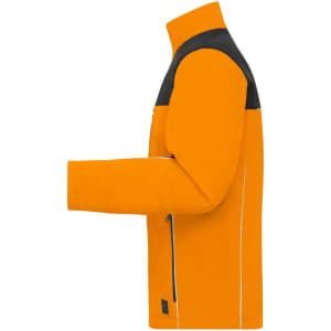 An orange and black softshell jacket with a zip and a logo, showcasing a side view.
