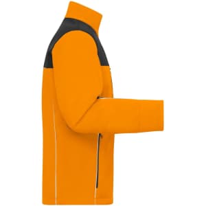 An orange and black softshell jacket featuring a zip pocket and a high collar. It has a logo on it.
