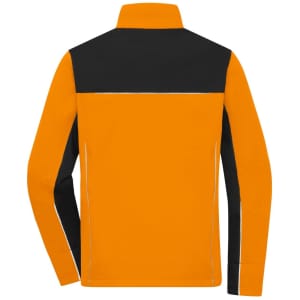 A softshell jacket in orange and black, featuring a high collar and long sleeves. It has a logo on the back.