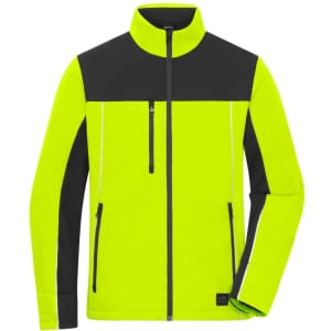 A softshell jacket in bright yellow and black, featuring a zippered pocket and a high collar, with a logo.