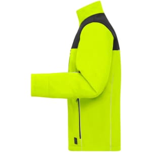 A bright yellow softshell jacket with black accents, featuring a zipper and a logo on the left side.