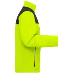 A bright yellow softshell jacket with a black upper section and a zippered pocket on the side. The jacket features a logo.